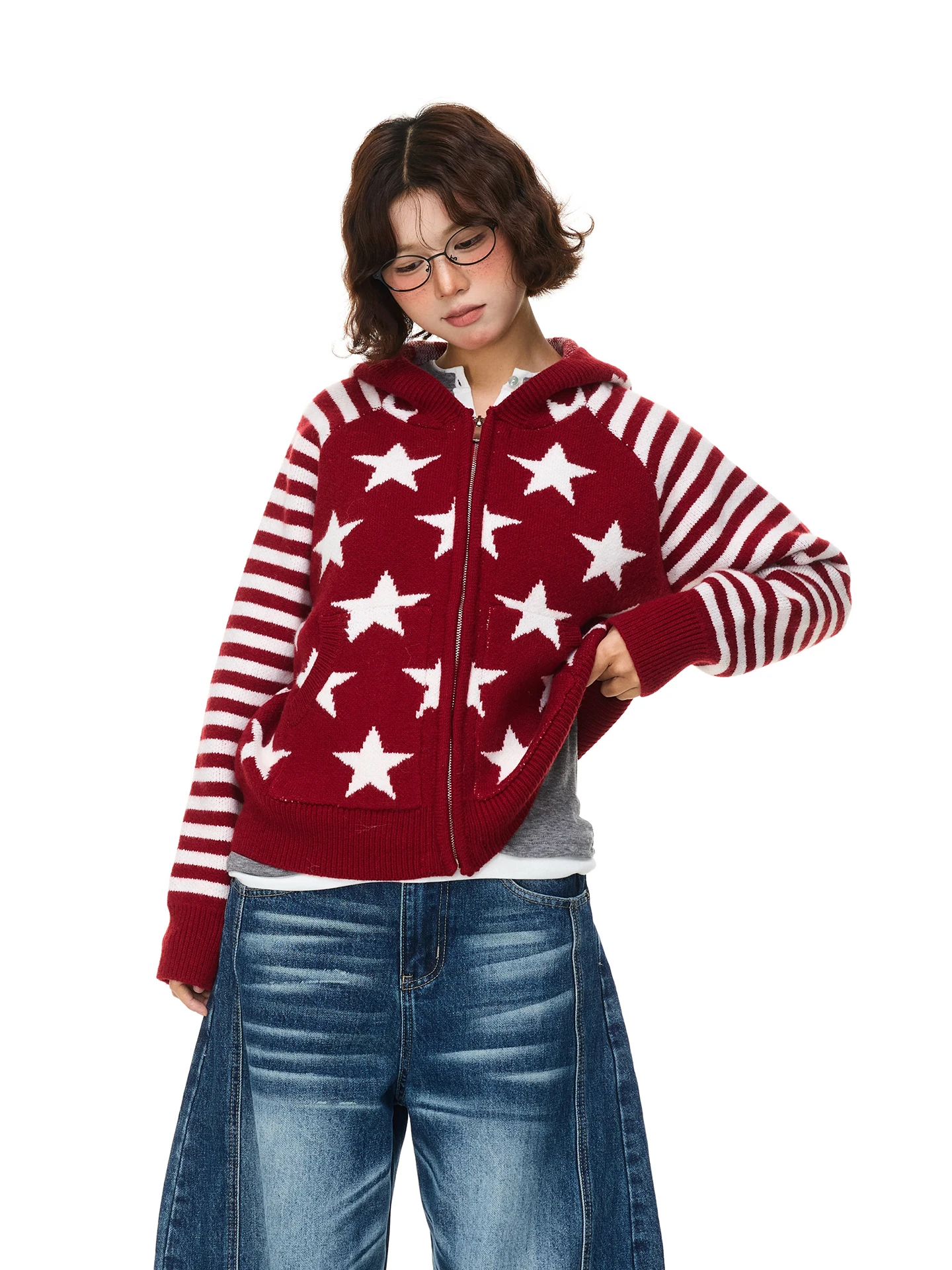 

Кардиган Chen Zhanlao Store с американской полосатой вышивкой в виде звезд, с капюшоном, на молнии, женский, осенне-зимний, вязаный, в стиле оверсайз, свитер-пальто