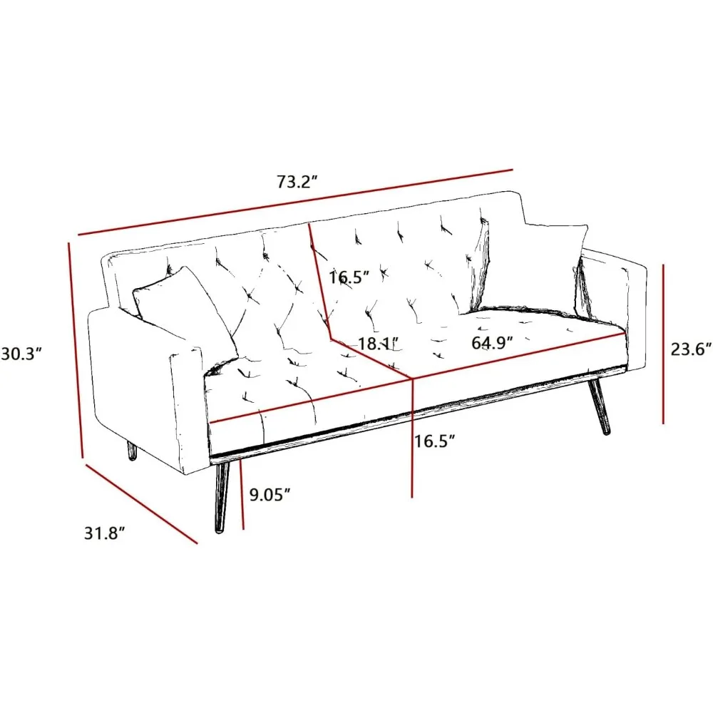 أريكة فوتون سرير أريكة نوم مخملية بأرجل معدنية، أريكة صغيرة حديثة، عريضة 73.2، وسادتان متضمنة، تصميم ساق مدببة #2