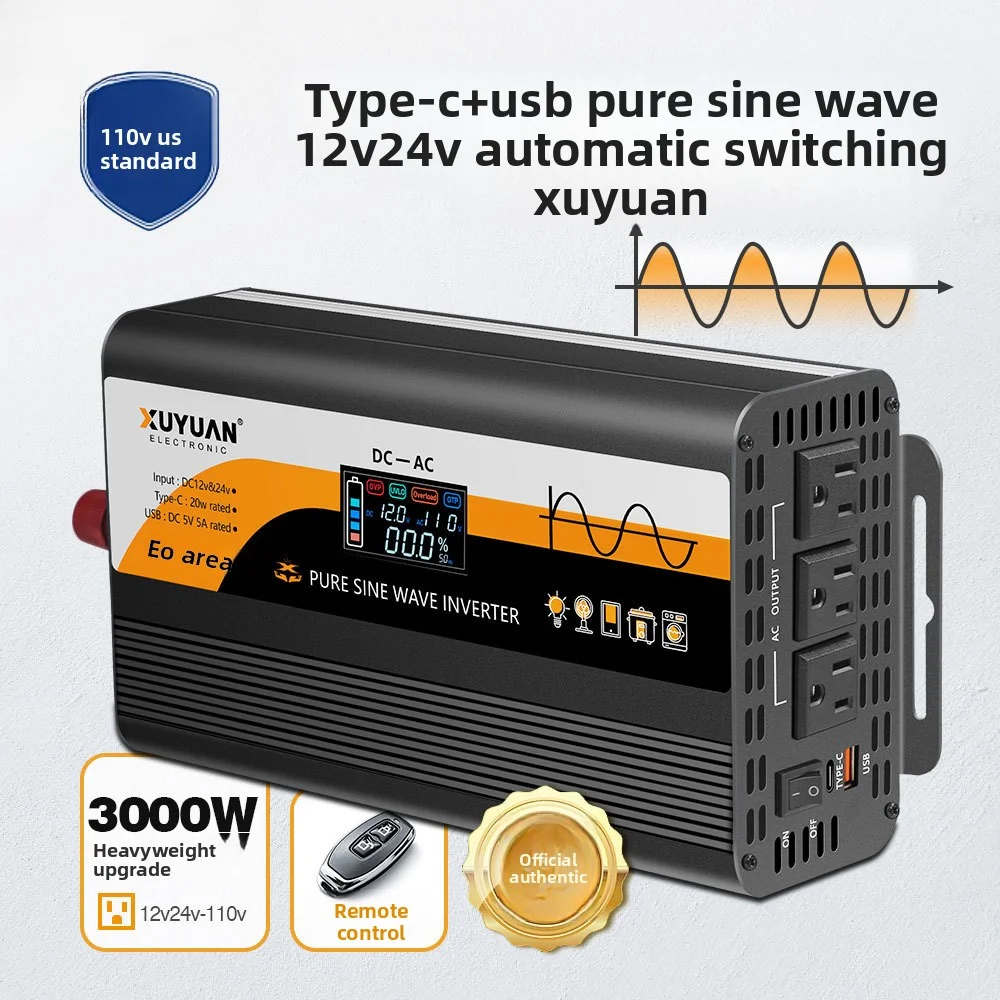 .Pure Sine Wave Inverter 12V 24V to 110V US Plug 3000W Car Power Inverter with Remote Control