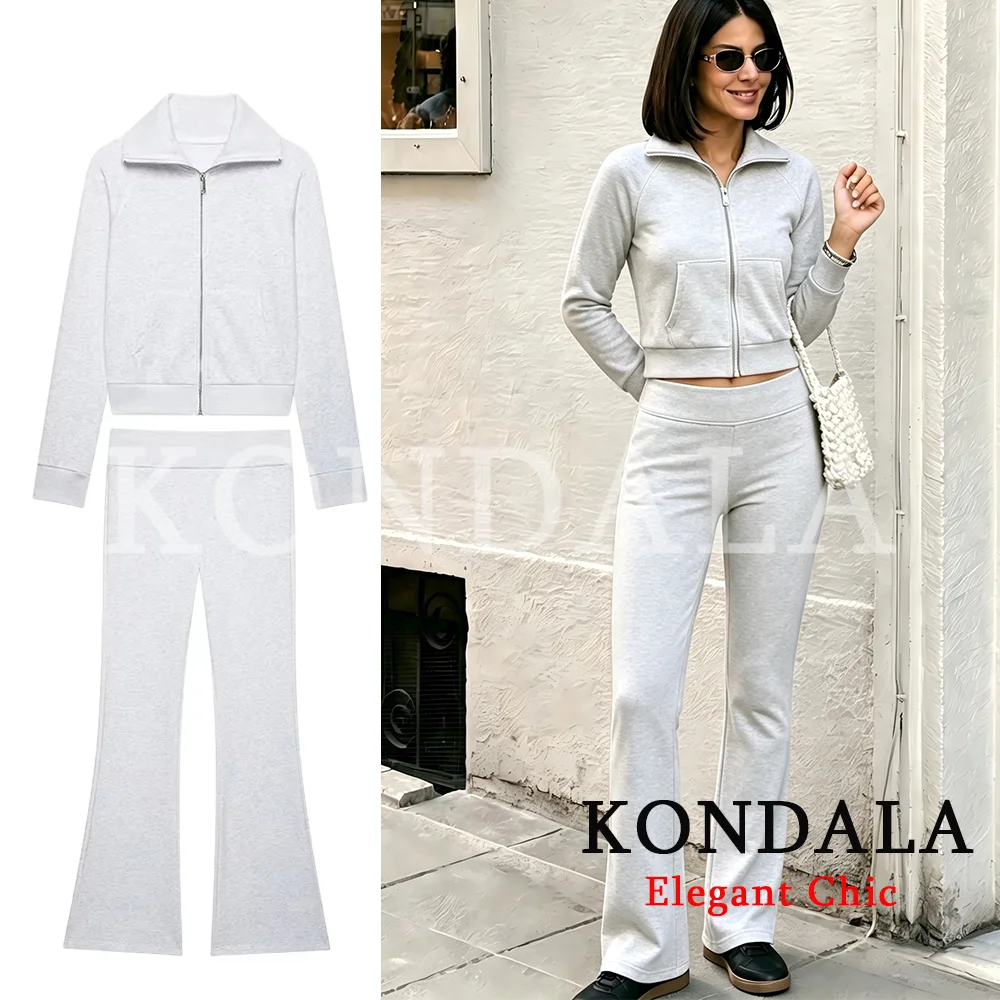 KONDALA Damen Trendiges High-Street Slim-Hosen-Set mit Revers, Reißverschlusstaschen, Jacke und Schlaghose, Neue Mode 2026 Frühherbst Mujer Set – Detail 7