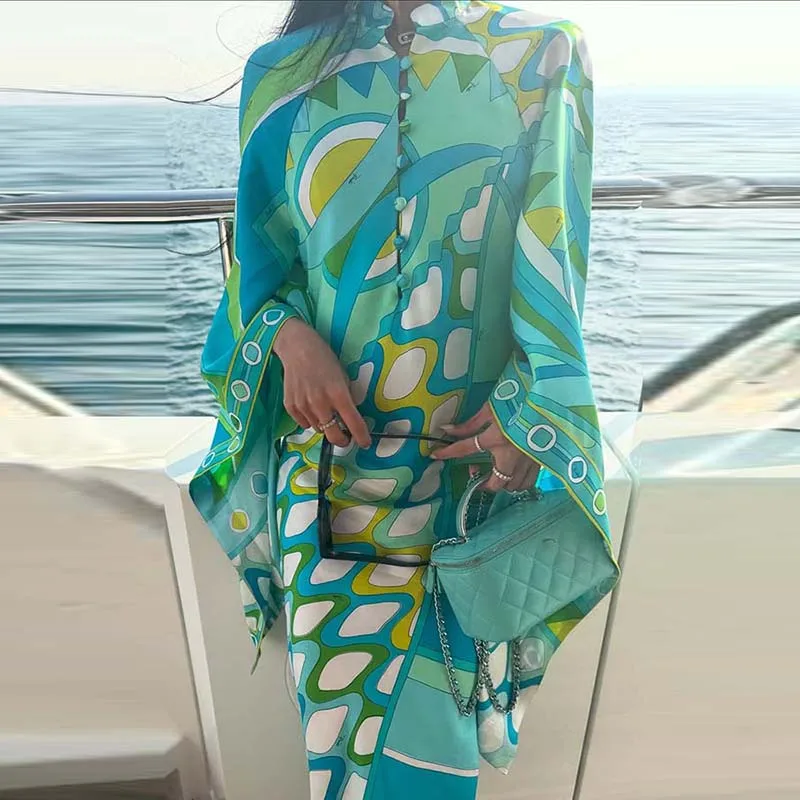 Moda botão gola bohe vestido outono feminino férias vestido irregular elegante senhora solta alargamento manga longa vestido de praia