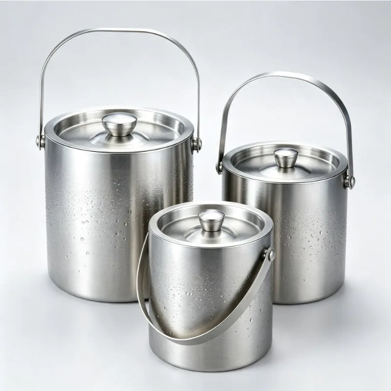 Stainless Steel Ice Buckets,Double-Wall Ice Buckets with Lid Tong,Portable Ice Container Keep Ice Frozen Longer for Cocktail