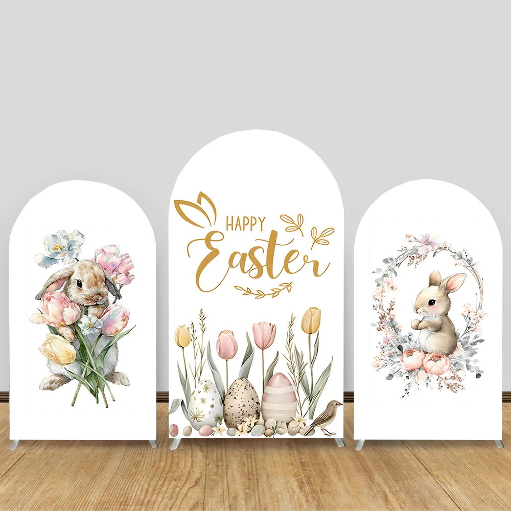 

Easter Rabbit Bunny Birthday Arch Backdrop Cover Retro Floral Jungle Easter Colorful eggs Cake Party Decor Custom Background