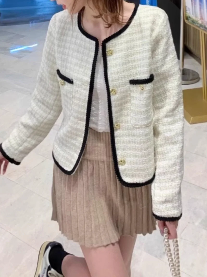 Jaqueta de Tweed com Gola, Manga Curta, Feminina, Estilo Demi-Season, Estampas Puras, Lona Boêmia, Franjas Onduladas, Vintage Retro, Ajustável para Uso Diário