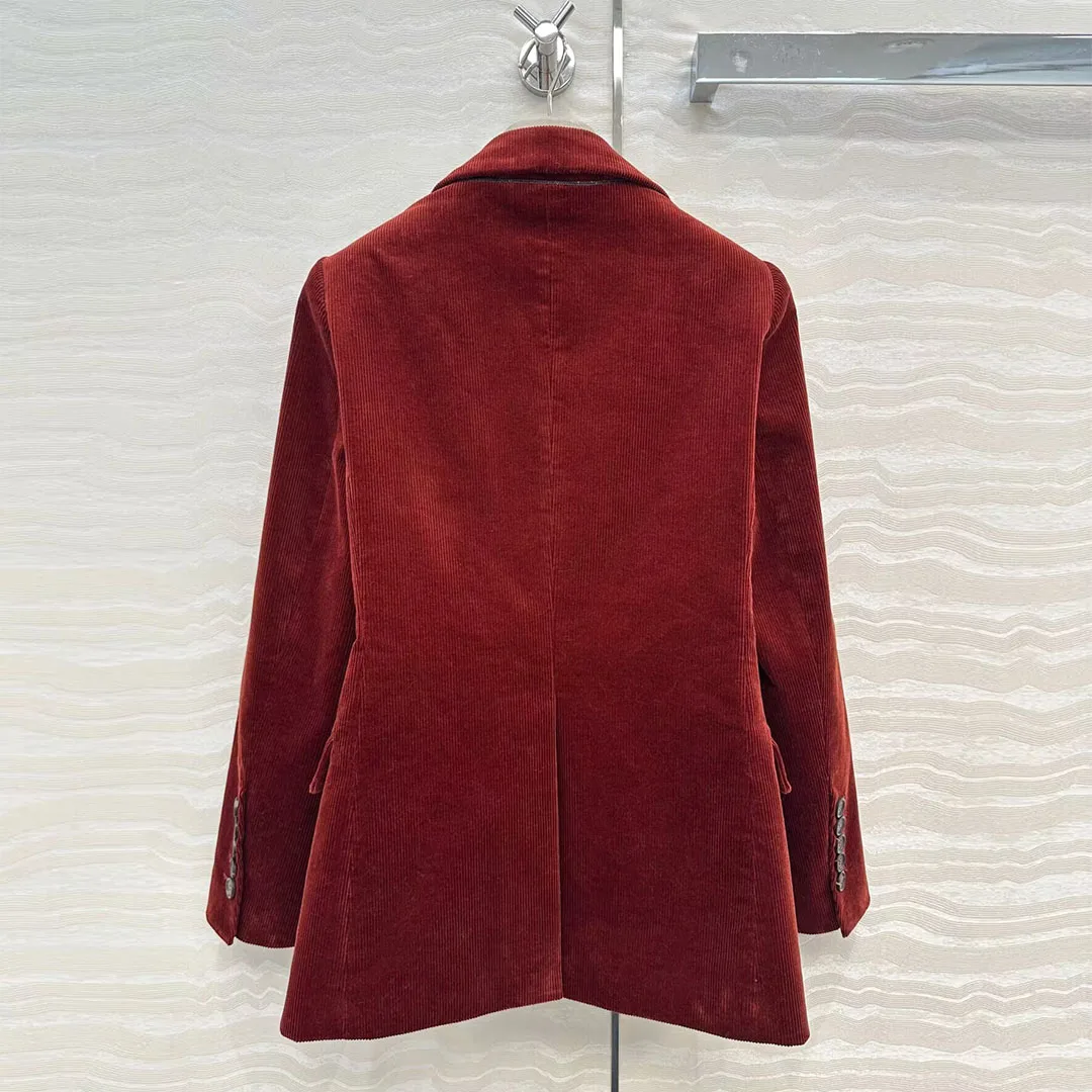 Vintage vieille argent Style bordeaux velours côtelé Blazer veste femmes nouveau automne cranté Double boutonnage à manches longues bureau costume manteau