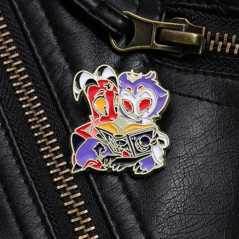 Funny Helluva Boss Emblem Pin Pink Button Brooch Bilitzo and Moxxie Reading Magic Books Humorous Animation Badge Accessories