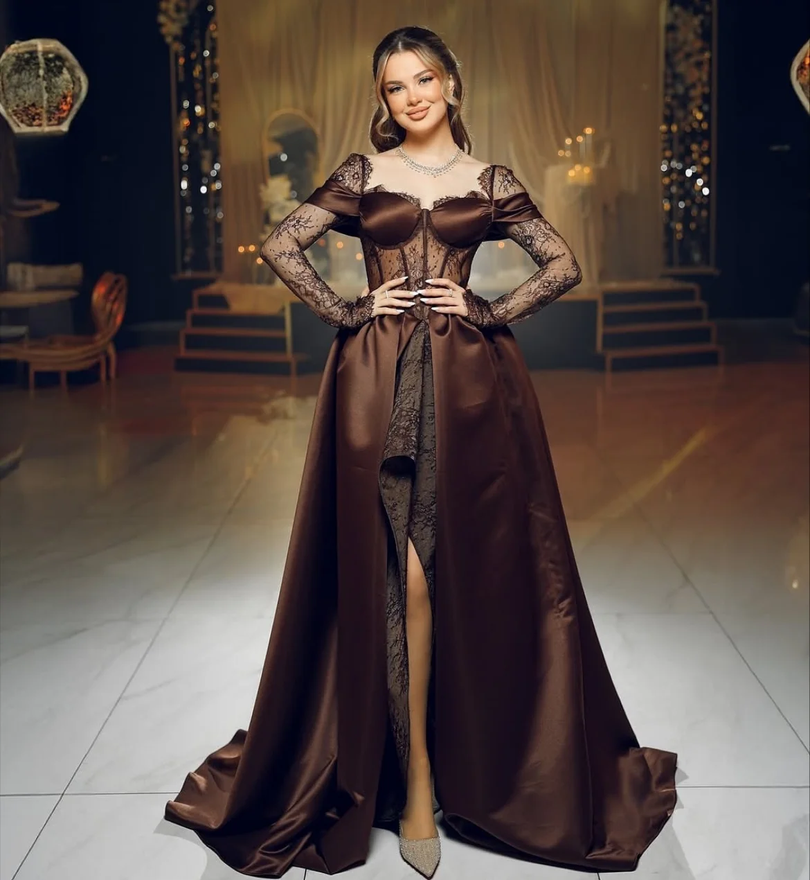

Brown Prom Dresses Long Sleeves High Slit Evening Gown Off Shoulder Lace Ball Gown Birthday Dress Formal Party Dress Customized