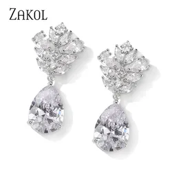 ZAKOL White Color Flower Shape Zircon Water Drop Crystal Pendant Dangle Earrings for Women Bridal Wedding Jewelry EP5078