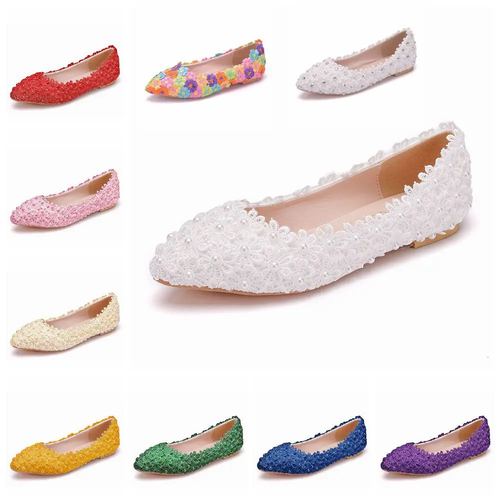 

New girls' lace shoes women's Asahi wedding pointy slippers women's colorful flat Bridesmaid shoes
