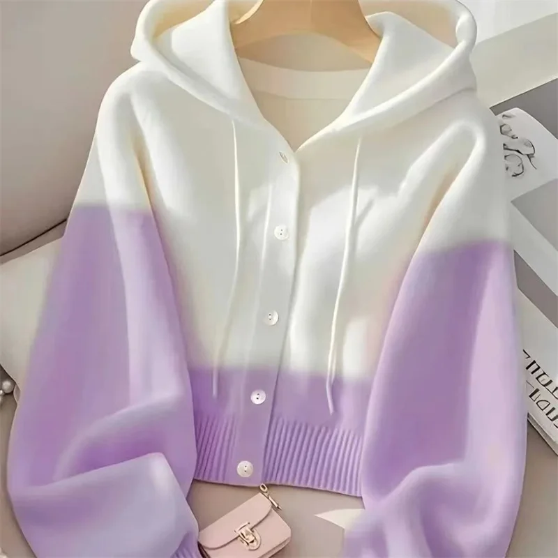 سترة نسائية محبوكة فضفاضة بقلنسوة على الموضة لعام 2025 سترة نسائية متدرجة منسوجة للربيع والخريف سترة نسائية بأكمام طويلة #5