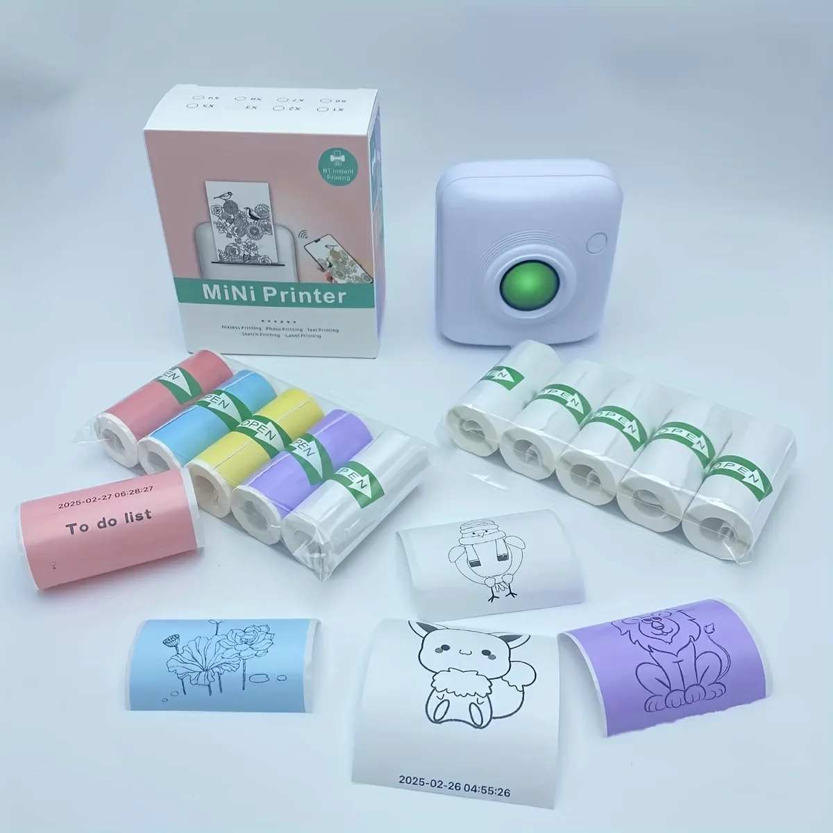 Mini Thermal Color White Self-Adhesive Thermal Paper Roll for Most Mini Printers Photos Lists Study Notes Instant Print Refill