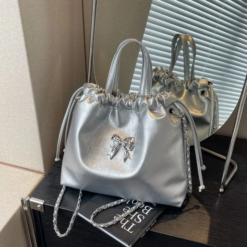 Silver Pleated Bucket Bag for Women Bow Accent Drawstring Handbag with Chain Strap for Daily Travel