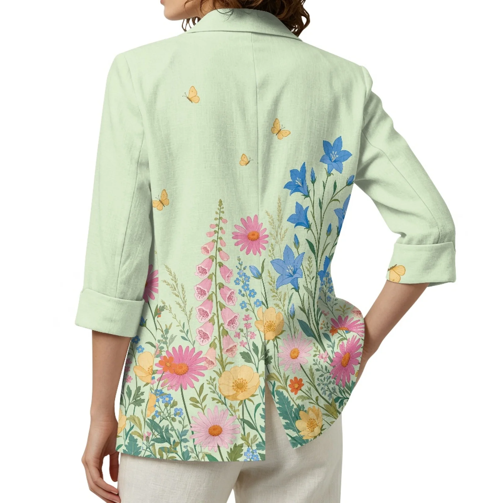 PENSTROLL Wildflower Butterfly Print Open Front Button Cardigans S-3XL Linen Style for Women Beach Outing Top with Pockets