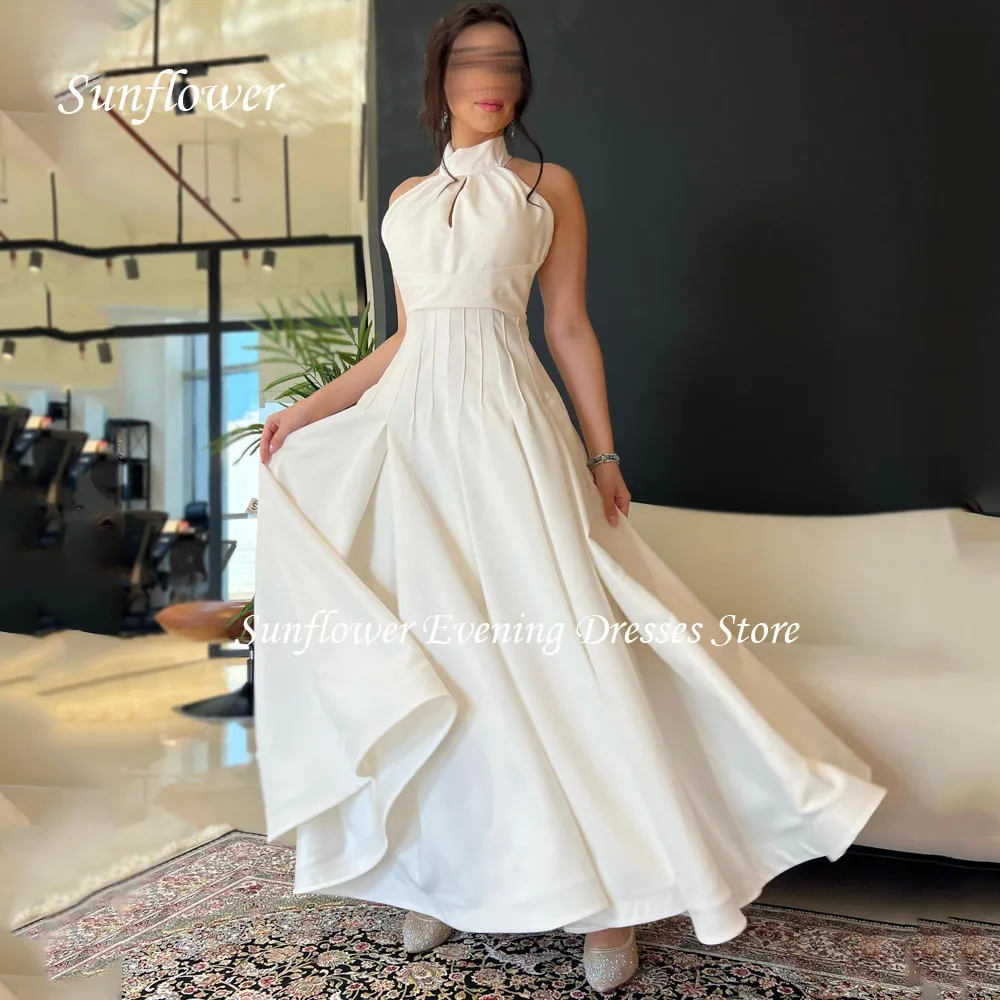 

Sunflower Simple Halter Prom Gown A-LINE Evening Dress Pleat Satin Party Dress 2023 Backless Floor-Length Prom Dress