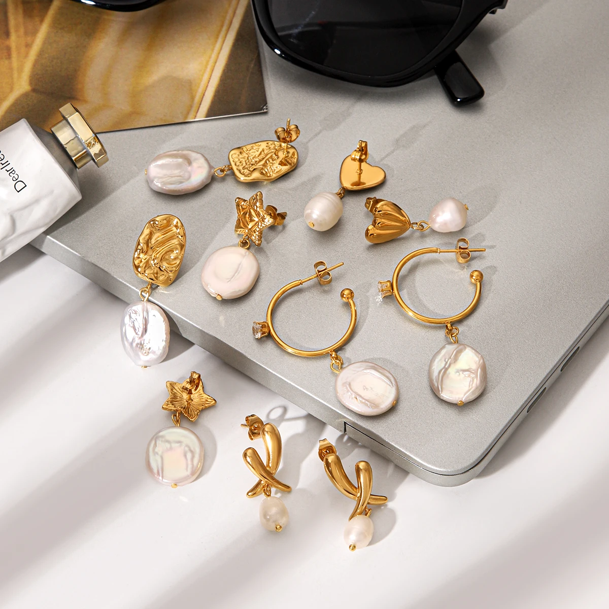 

9 Pairs Mix Style 18K Gold Plated Stud Earrings Set For Women Natural Shell Pearl Ear Jewelry For Daily Wear Gifts