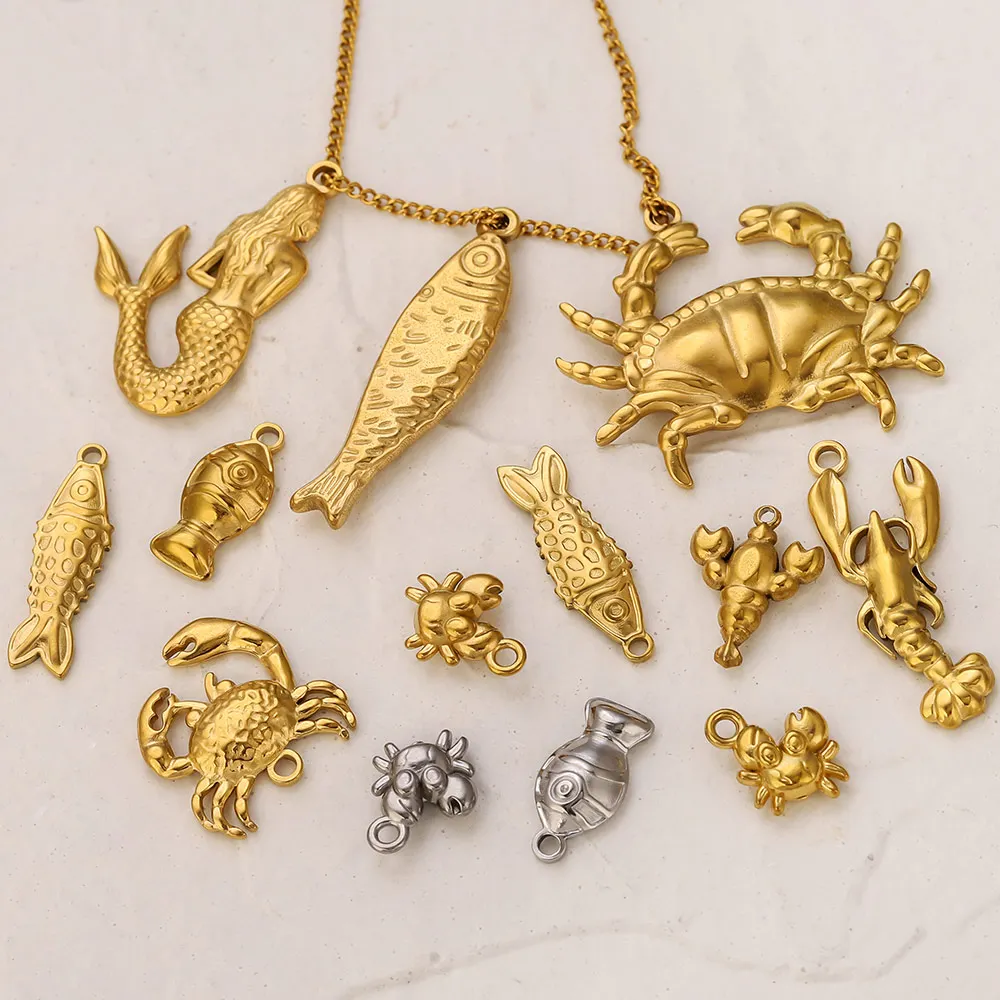 5PCS Stainless Steel Lobster Charms Mermaid Crab Connectors Gold-Plated DIY Necklace Earrings Jewelry Making Materials Wholesale image 6