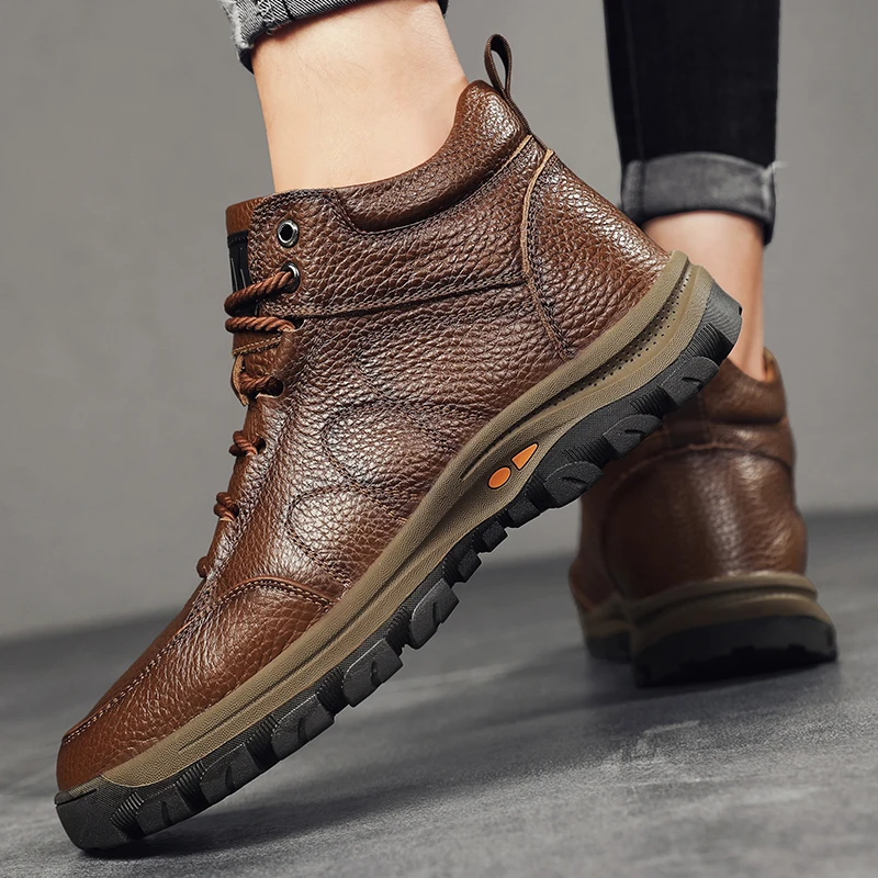 

New Fashion Brand Man Hiking Footwear Non-Slip Leisure Walk Ankle Boots Versatile Treking Flat Genuine Leather Mens Casual Shoes