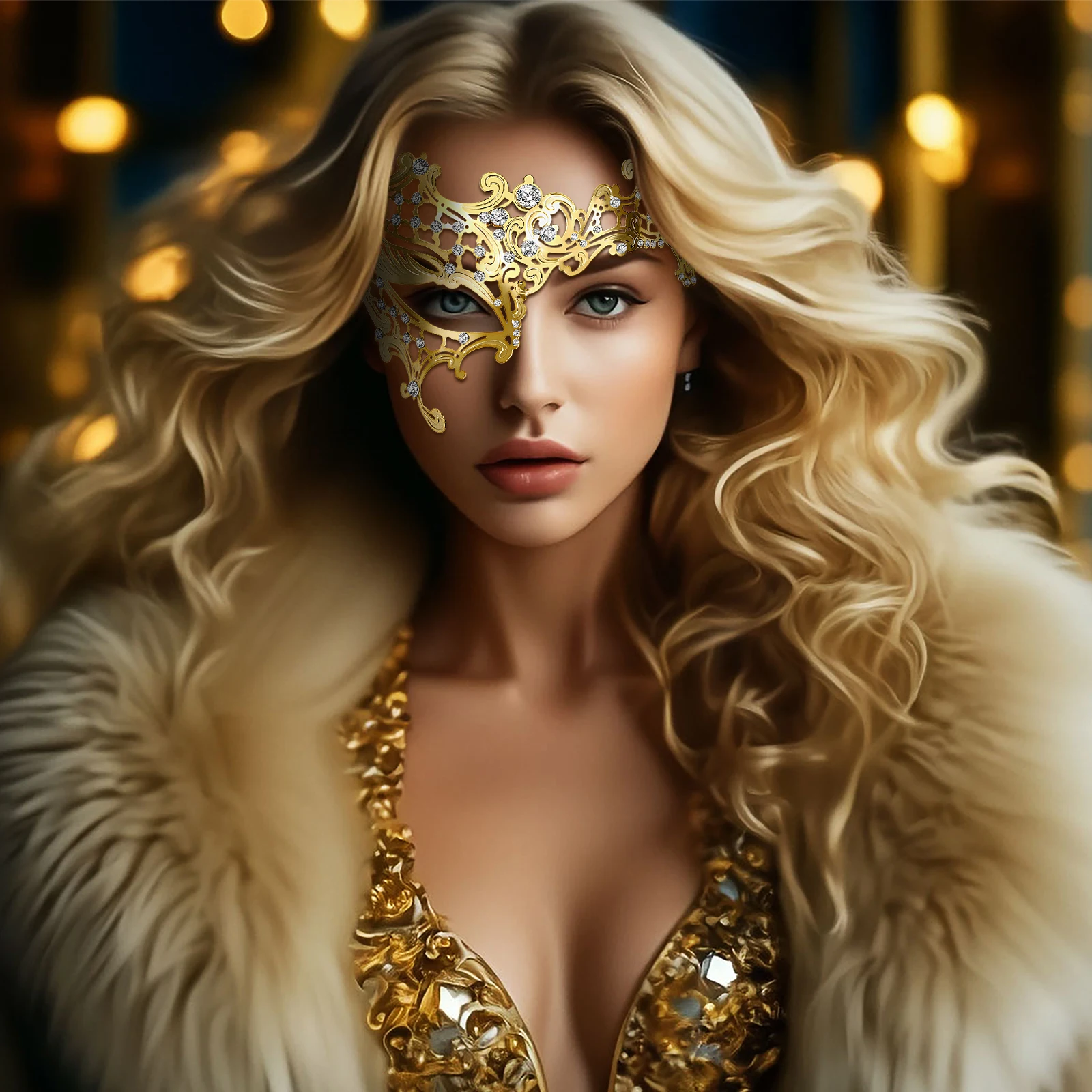 Maschera da donna con strass per feste in maschera di lusso con diamanti Maschera in metallo con strass lucido Maschera di Venezia adatta per la danza della festa