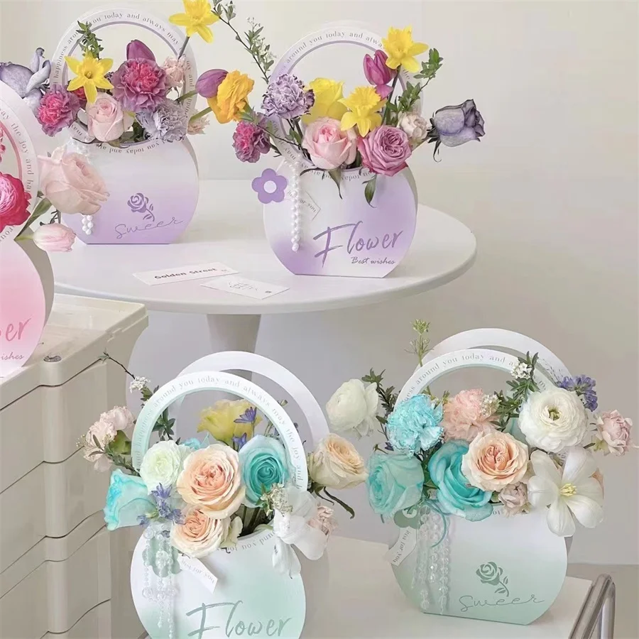 6pcs Handheld Flower Basket Paper Round Foldable Flower Packaging Box Christmas Diy Floral Arrangement Handbag Wholesale