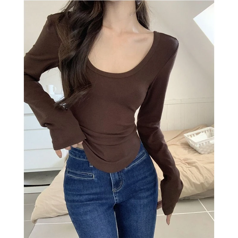 Simplicity Letter Slim High Street T Shirts Spring New Trend Long Sleeve Solid Sexy Pullovers Top Fashion Casual Women Clothing