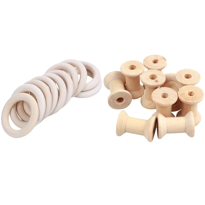 

A96Q-20 Pcs Wooden Accessories: 10 Pcs Diameter 50Mm Natural Wooden Rings & 10 Pcs 29Mmx23mm Natural Color Empty Wooden Thread S