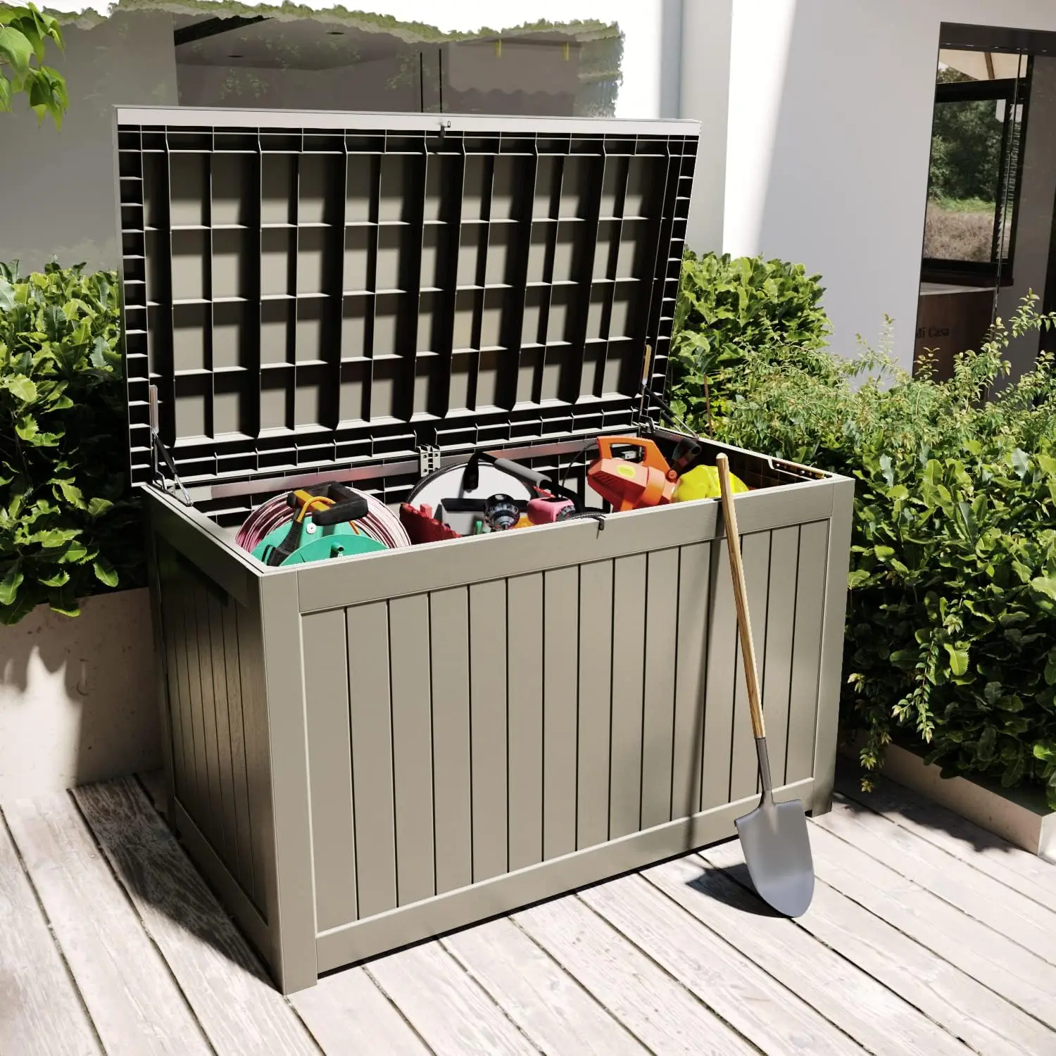 230 Gallon Resin Deck Box Large Outdoor Storage for Garden Tools, Pool Supplies, Weatherproof and UV Resistant, Lockable