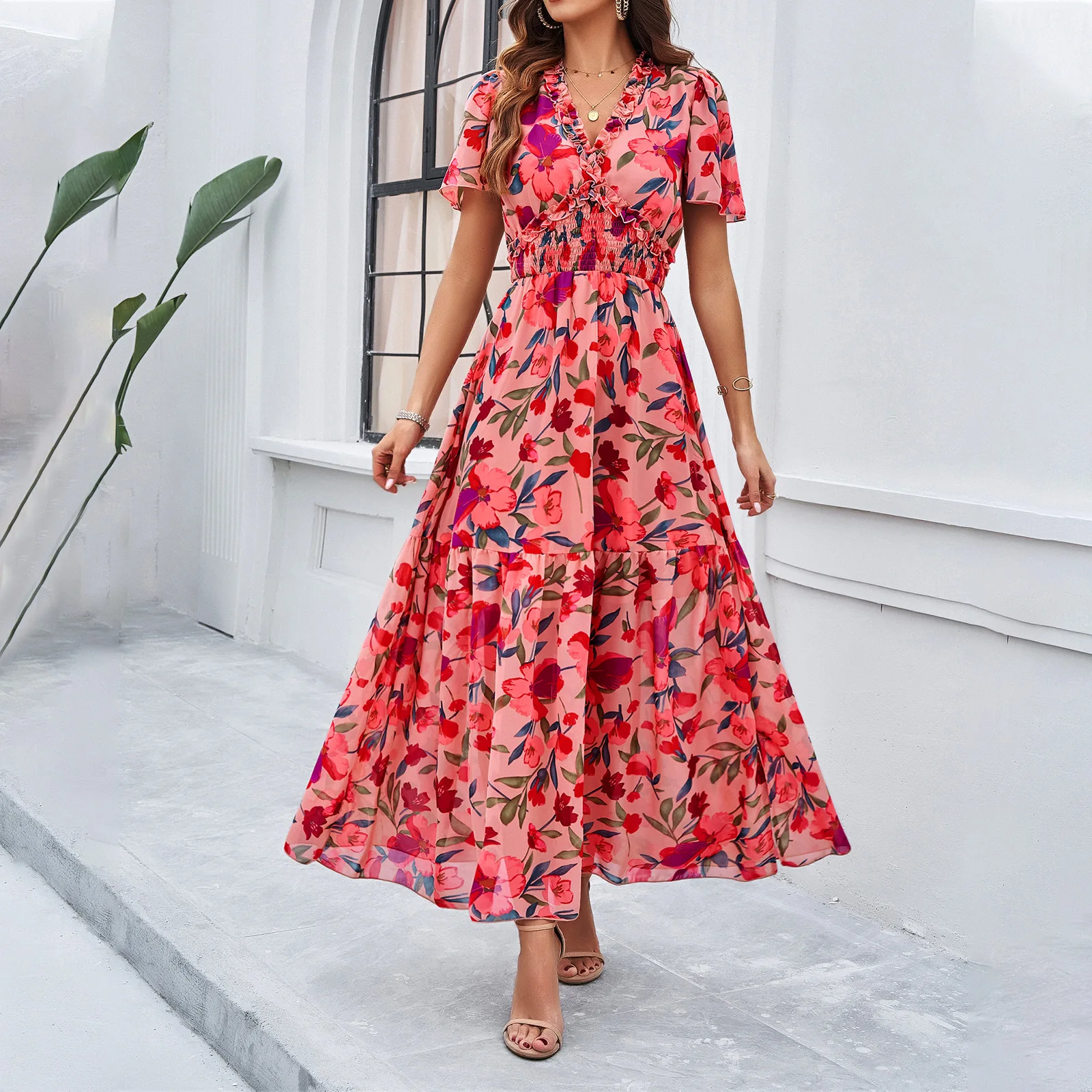 

2024 Summer Womens Dresses Temperament Casual Printed High Waist Long Dress Fashionable V-Neck Bohemian Resort Beach Dresses