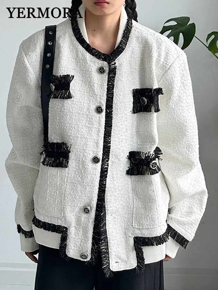 

YERMORA White Patchwork Tassel Casual Jacket For Women O-neck Long Sleeve Loose New Coat Fashion Tide Spring Autumn 2025