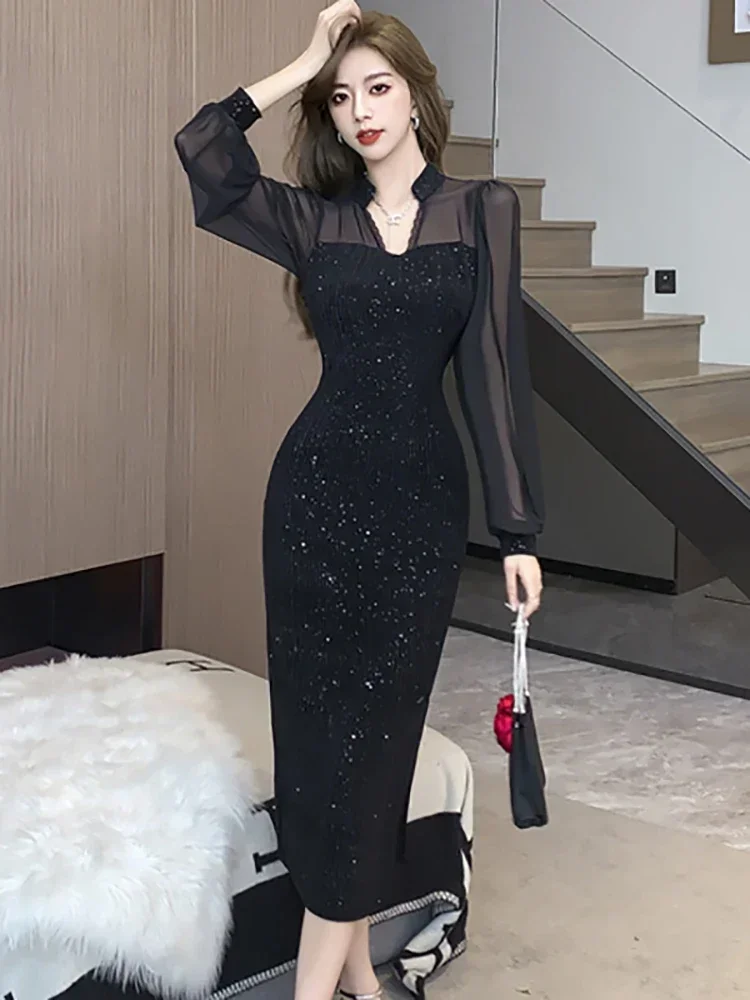 Women Korean Vintage Hepburn Prom Dresses Autumn Winter Black Velvet Sequins Patchwork Dress 2024 Elegant Bodycon Evening Dress