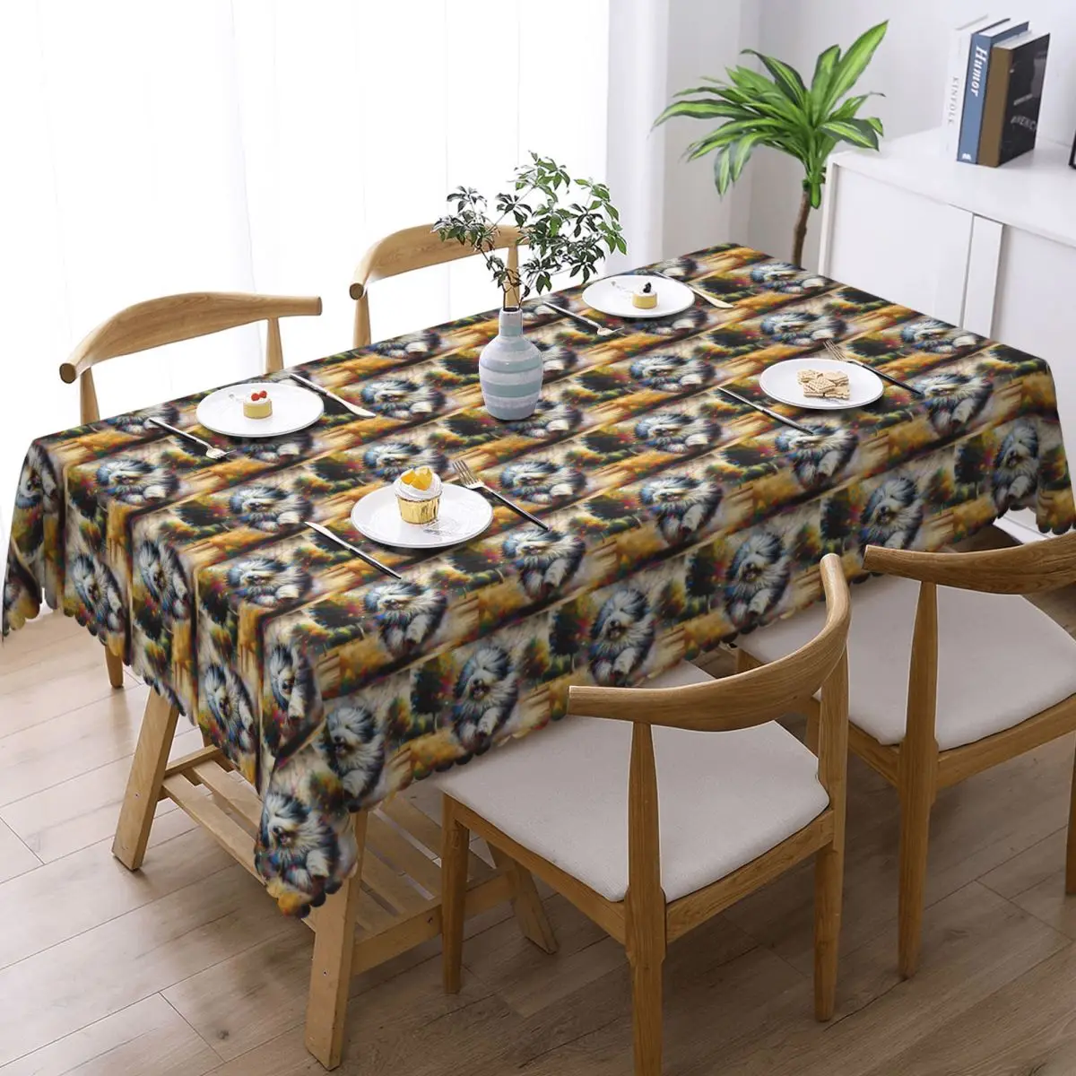 Old English Sheepdog Dog Portrait Acrylic Art Rectangular Tablecloth Oilproof Table Cover for Dining Events Table Cloth