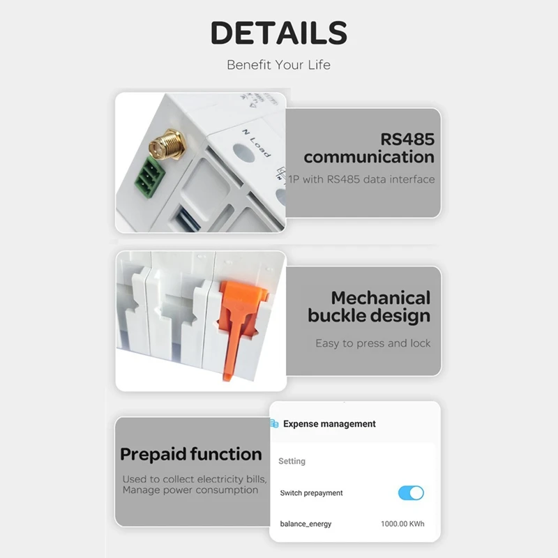 Tuya 스마트 와이파이 RS485 MCB 차단기, 선불 계량기 타이머 스위치, 전압 전류 보호대 음성 제어, 63A 조절 가능 내구성, 3P + N
