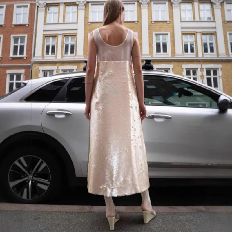 Elegantes Glitzer-Pailletten-loses Tank-Kleid, modisches Temperament, Patchwork, solides Bankettkleid, lässiges O-Ausschnitt, ärmelloses langes Kleid