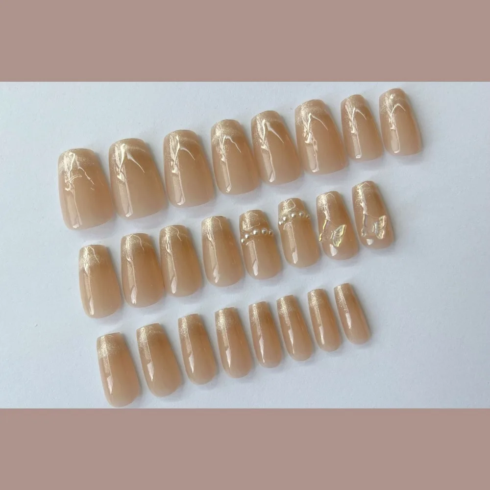 Fashion Cat's Eye French Fake Nails Faux Fingernails Wearable Manicure Press on Nails Medium Length Full Cover Nail Tips Girl