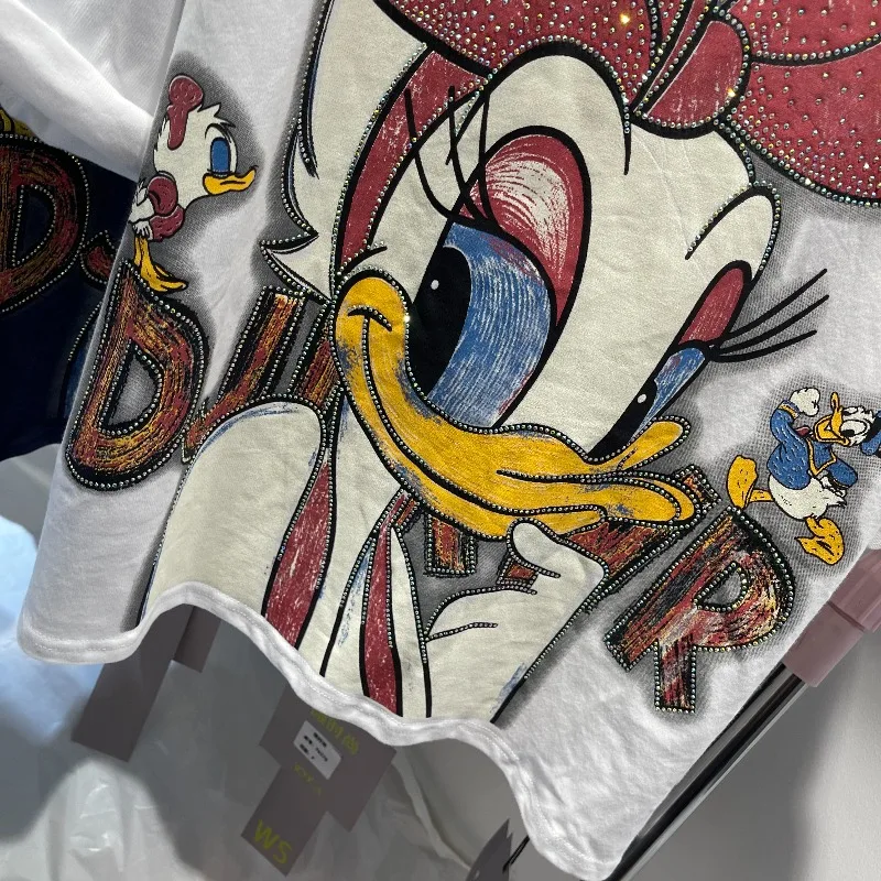 Sweet Cute Design Cartoon Pattern T-shirts Heavy Industry Sequins Color-Block Loose Tshirts Women's Top Crew Neck Pullovers Tees