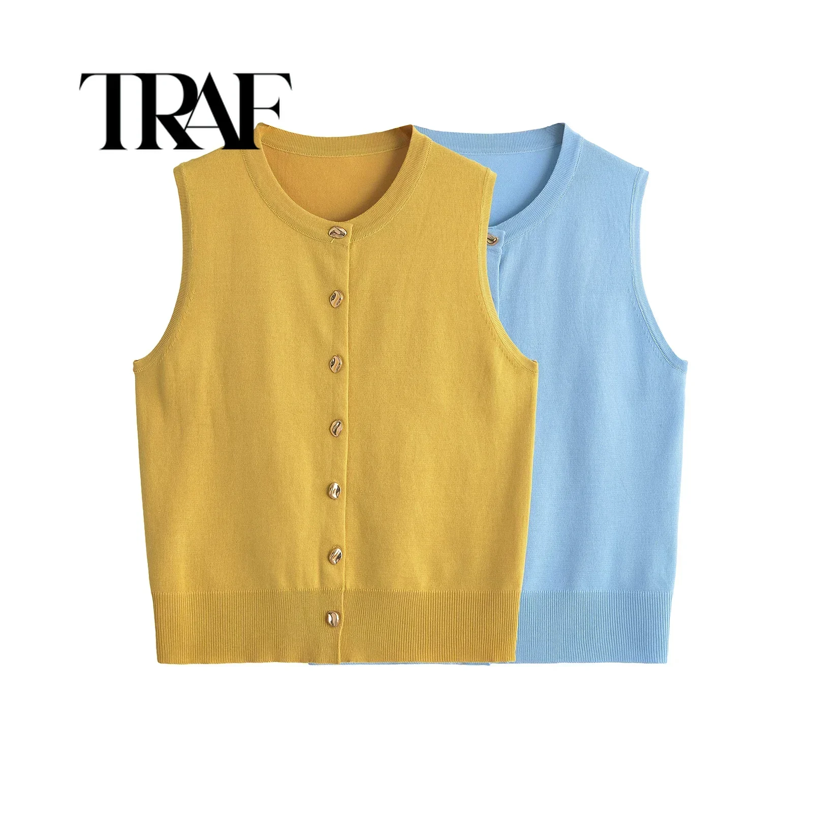 TRAF Women Knitted Waistcoat 2024 Autumn O Neck Sleeveless Gold Buttons Sweater Cardigan Vest Y2K Crop Top Tanks