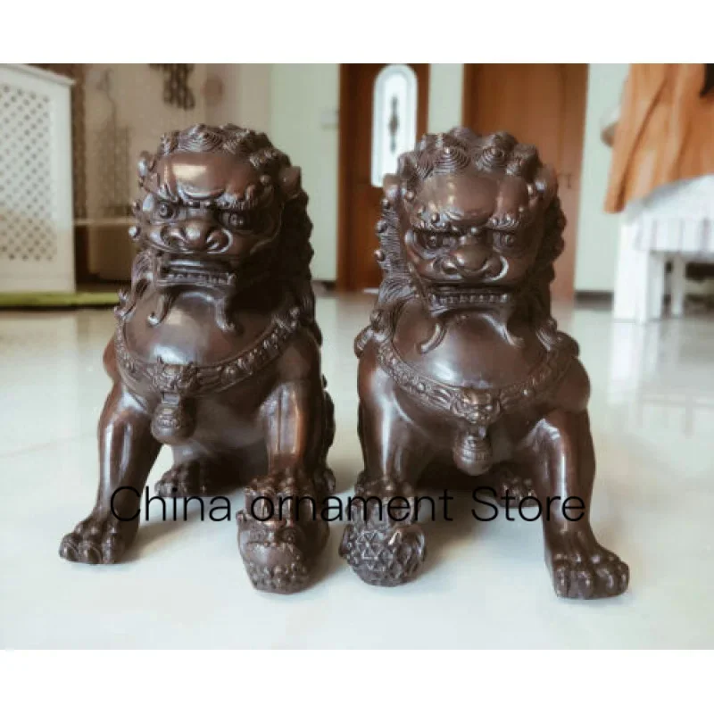 

8-Inch Collectibles Bronze Copper Lion Feng Shui Gate Lion Fu Fu Dog a Pair of Statues