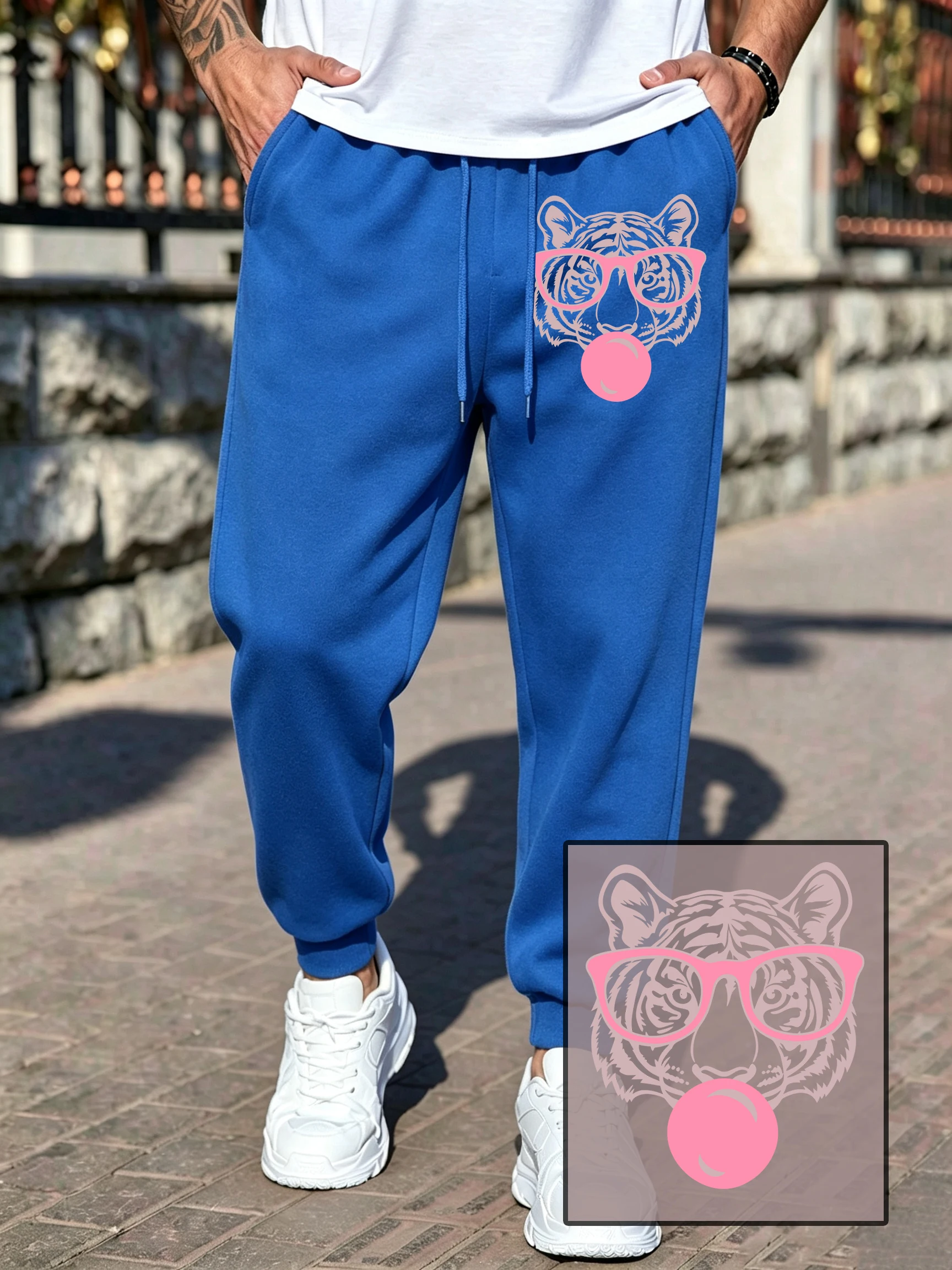 The Tiger Blowing Bubbles Print Men'S Sweatpant Street Fleece Jogging Pant Autumn Casual Pants Pocket Comfortable Sportpant