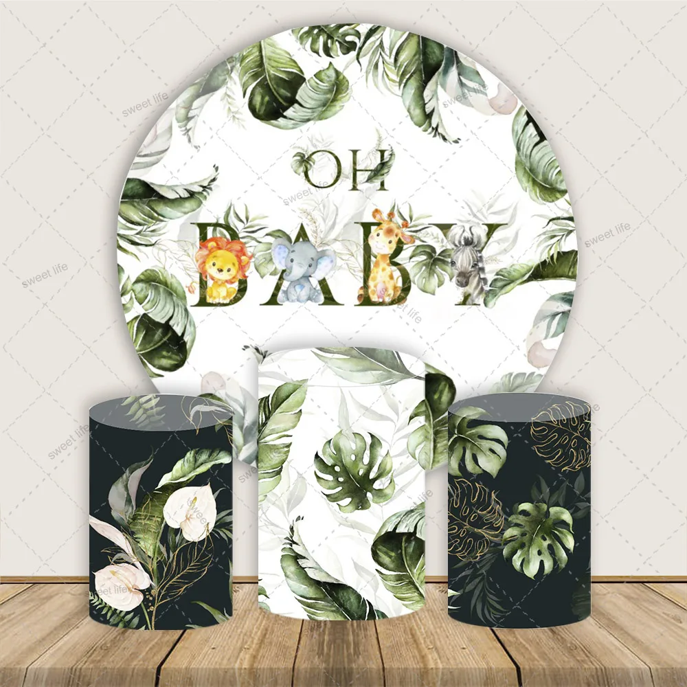 Foglie tropicali Copri cilindro per baby shower Sfondo Animali Oh Baby Circle Sfondo copri cilindro