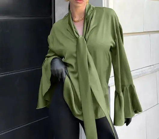 

Lapel Lazy Beige Temperament Matte Satin Trumpet Sleeve Top Pleated Lace Up Shirt Summer Women's Elegant and Fashionable Shirt