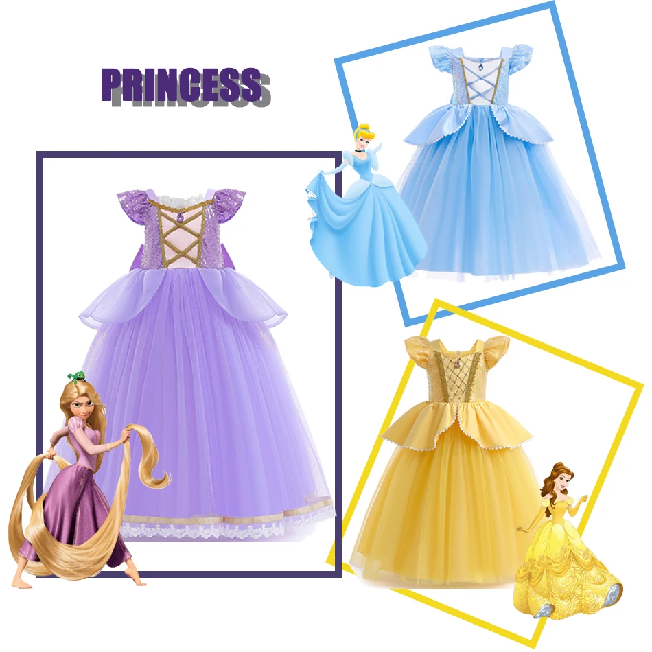 

Girls Party Costumes Cinderella Rapunzel Princess Belle Mesh Splicing Puff Long Dress Kids Performance Dress Hall0ween Clothes