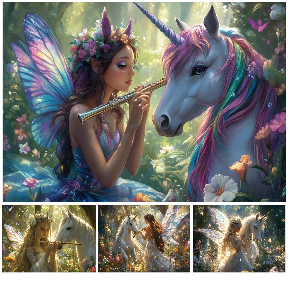 Dreamy Unicorn Photography Backdrop Forest Butterflies And Fairies Playing Musical Instruments Party Decor Photocall Background