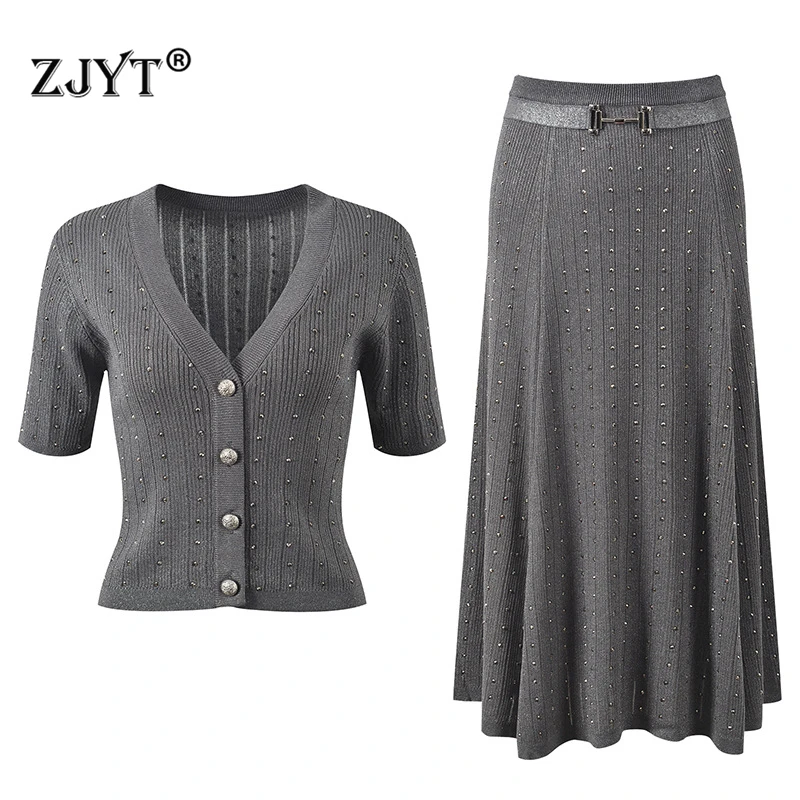 ZJYT Elegant Luxury Diamonds Knitting Cardigan Sweaters for Women Midi Skirt Summer Short Sleeve Knitwears Jersey Mujer 2024