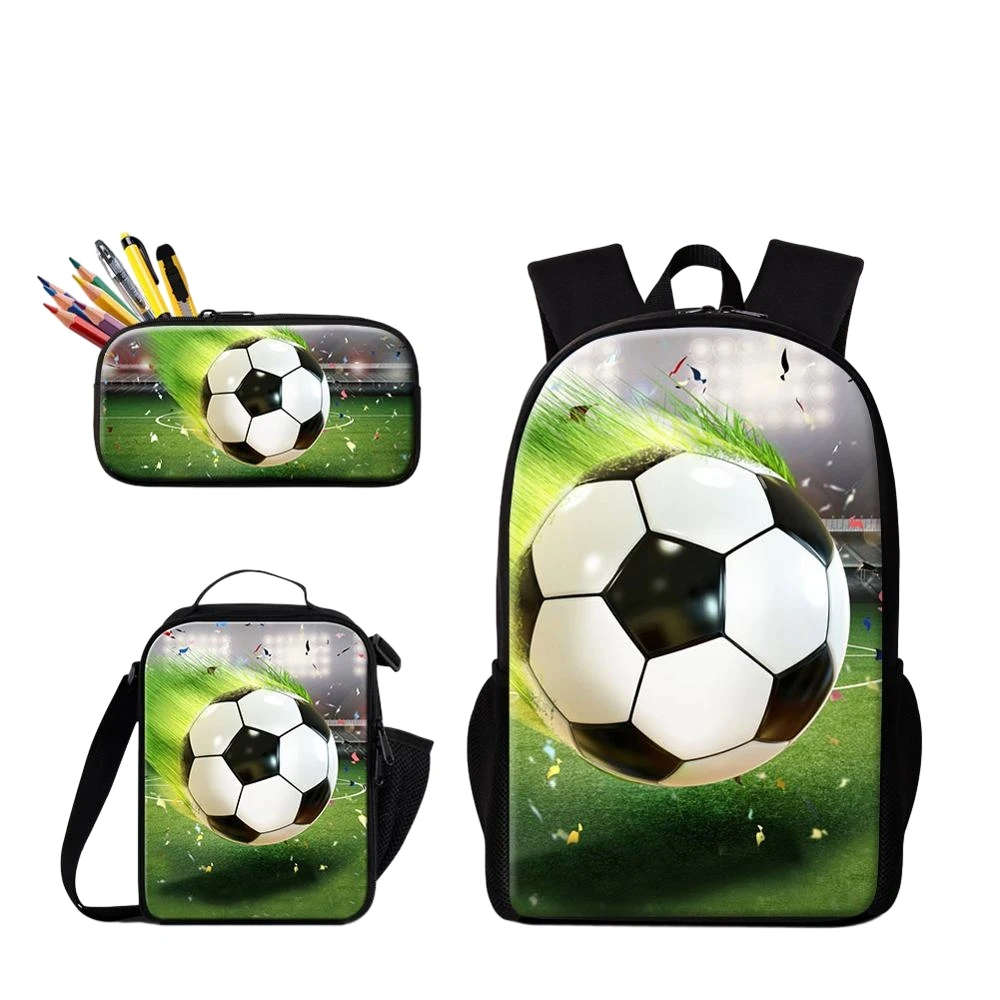 3D Soccer Ball Print Schoolbag com Estojo de Lápis para Adolescentes, Mochila Casual, Lunch Bag, Engraçado Schoolbag, Conjunto de 3 Peças para Crianças e Meninos