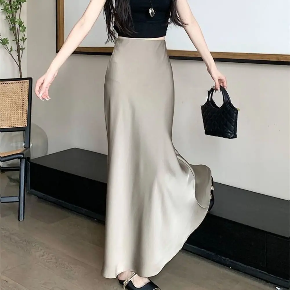 Simple Summer Satin Silk Long Skirt High Waist Half Body Dress High Waisted Skirts Slim Fit A Line Midi Skirt Women