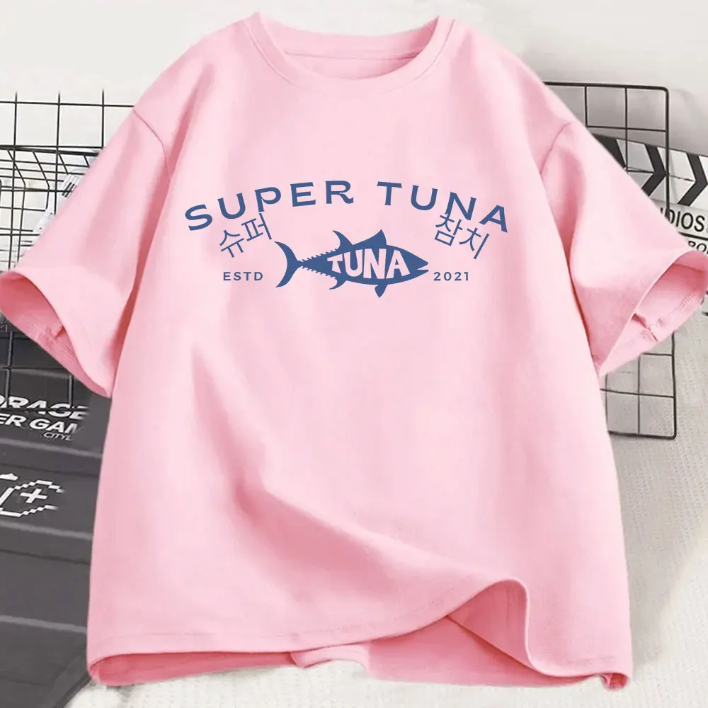 Kpop الكورية جين سوبر سمك التونة تي شيرت ريترو موضة قصيرة الأكمام س الرقبة تي شيرت الرجال النساء القطن عادية تي شيرت المتضخم