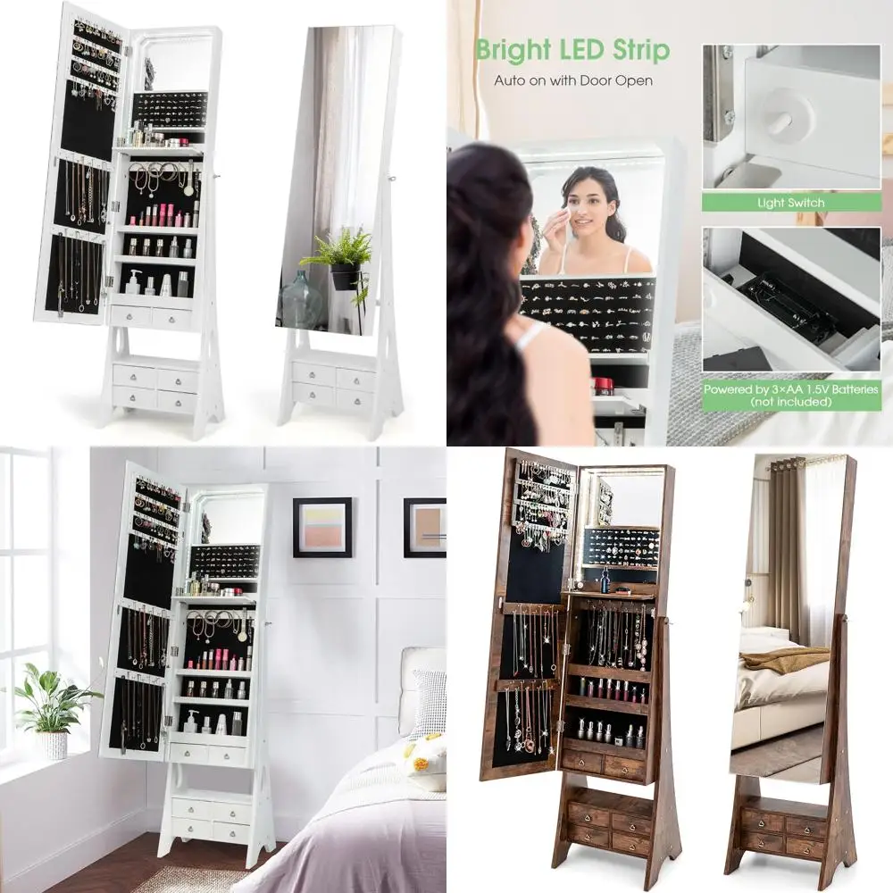 Illuminated Floor Jewelry Armoire with Full-Length Mirror and Foldable Vanity Makeup Station