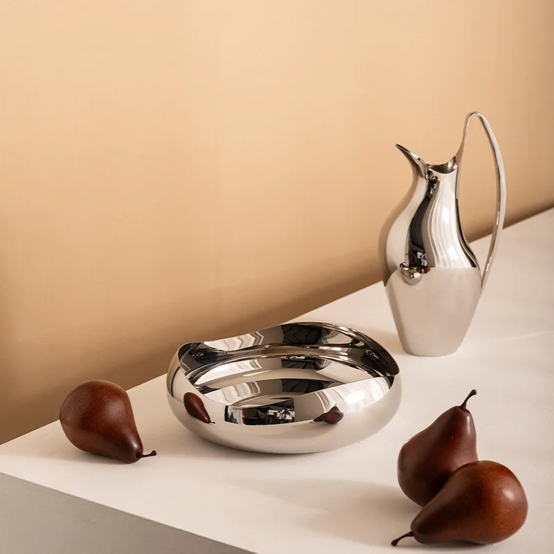 

Silver mirror 304 stainless steel fruit tray Modern simple dried fruit tray Household creative living room coffee table fruit