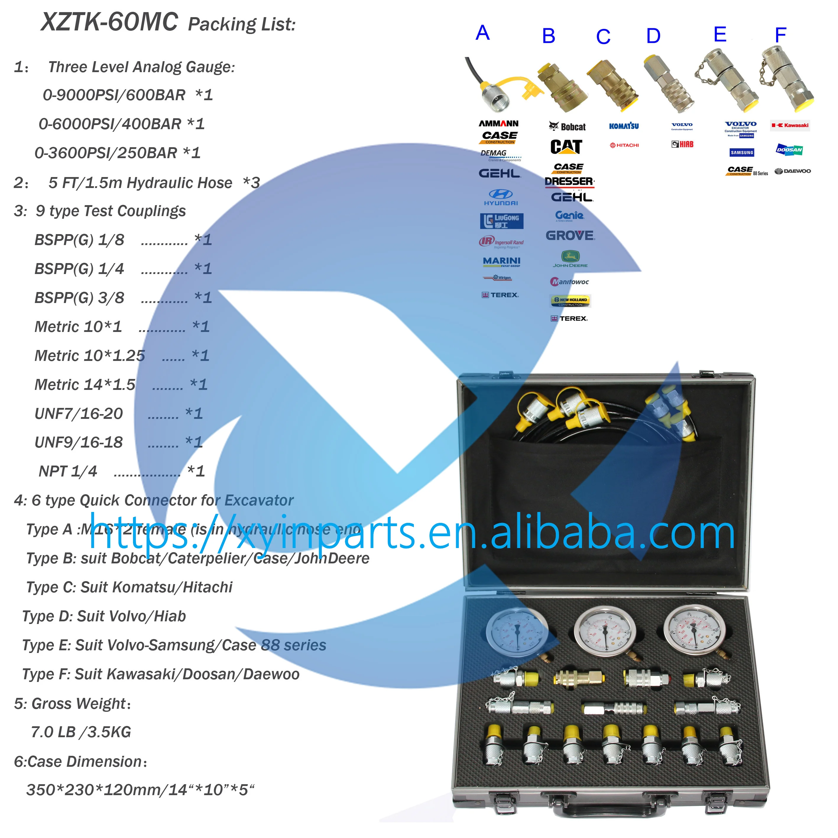 Universal Pressure Gauge Measuring Instruments Testing Tool Excavator Hydraulic Pressure Test Kit XZTK-60MC