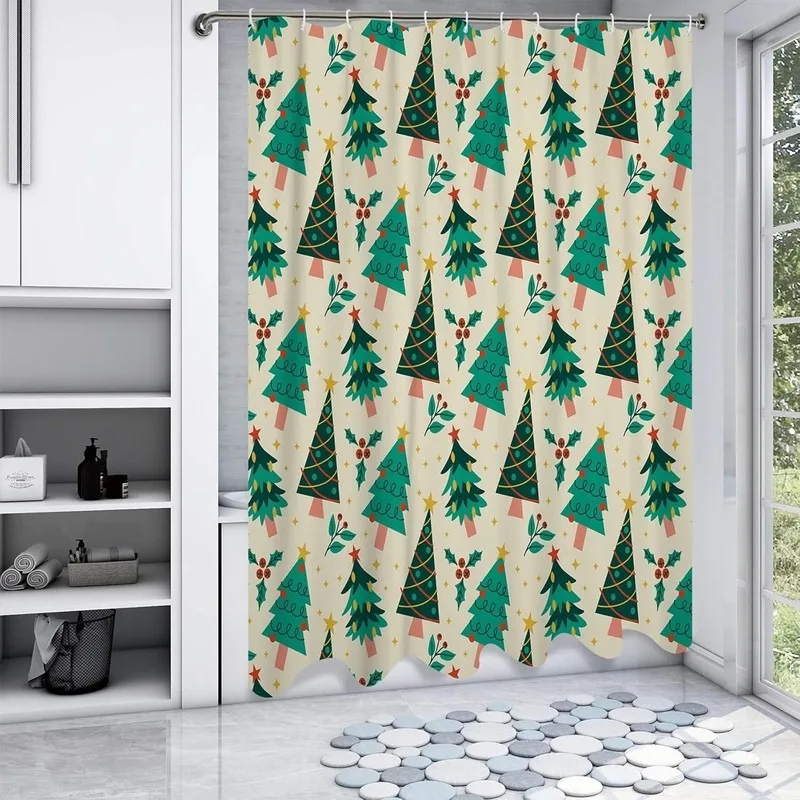 Cartoon Christmas Tree Holly Berry Winter Bathroom Shower Curtain No Drilling Waterproof Fabric with 12 Hooks for