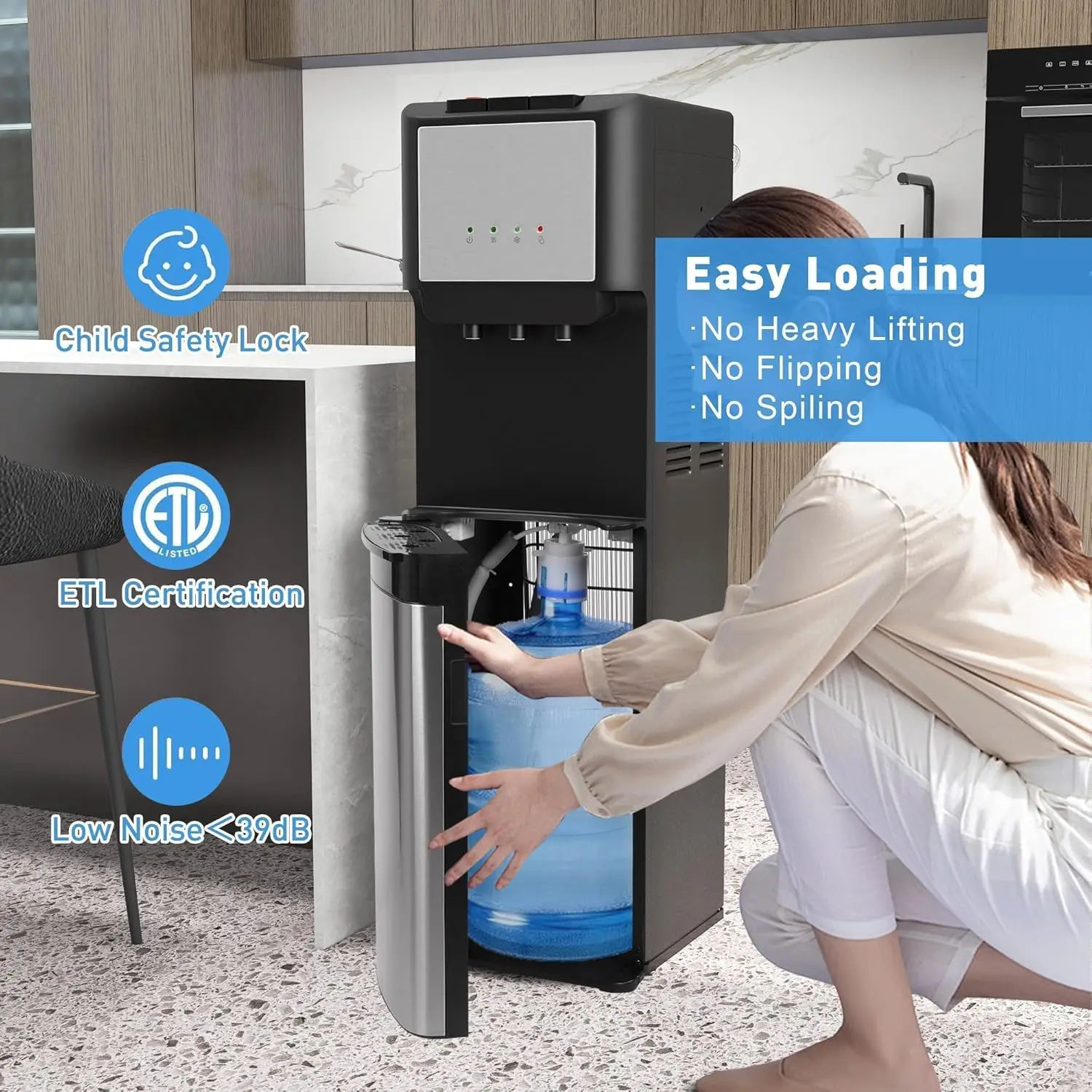 Loading Water Dispenser for 5 Gallon Bottles, Hot, Cold & Room Water Dispenser with 3 Temperature Spouts, Child Safety Lock, ETL